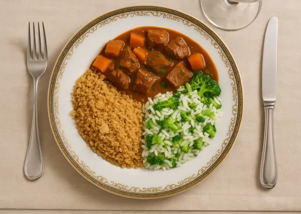 Carne de Panela com Arroz de Brócolis e Farofa Gourmet